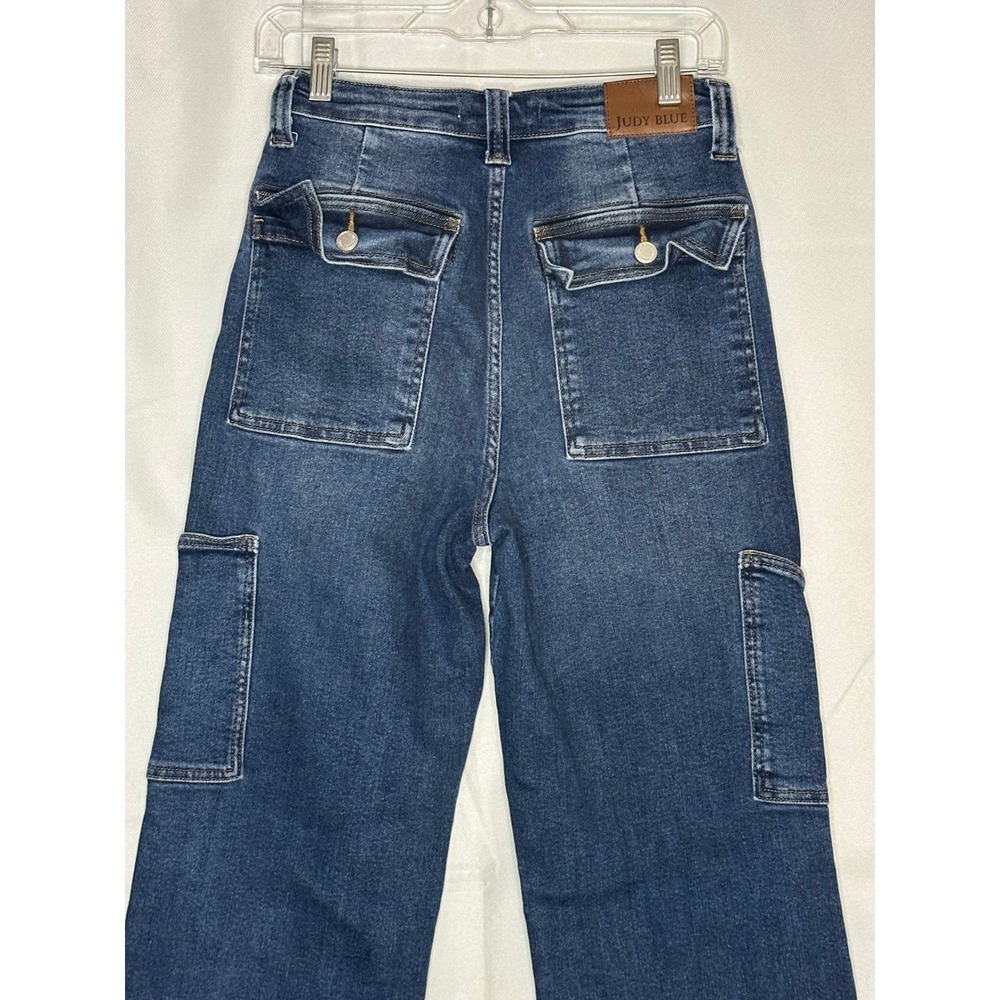 Judy Blue High Rise Cargo Jeans 7/28 Dark Wash Straight Leg Utility Y2K Stretch - Picture 4 of 7